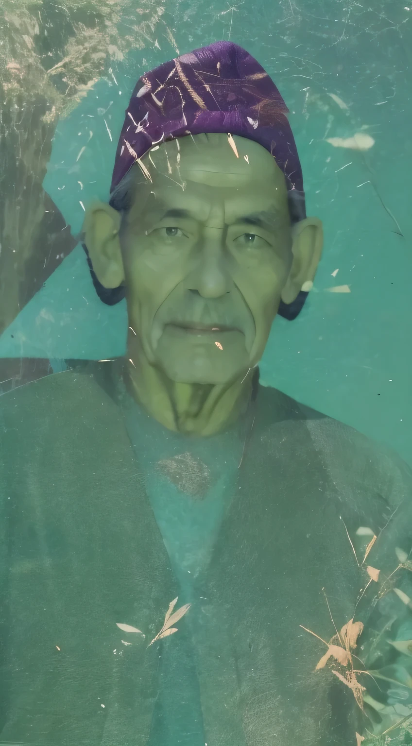 arafed man with a purple hat and green shirt, grainy photo of an ugly man, old damagaed polaroid photo, photo of a man, grainy damaged photo, adim kashin, a photo of a man, mohamed chahin, he is about 7 0 years old, around 1 , 5 0 years old man