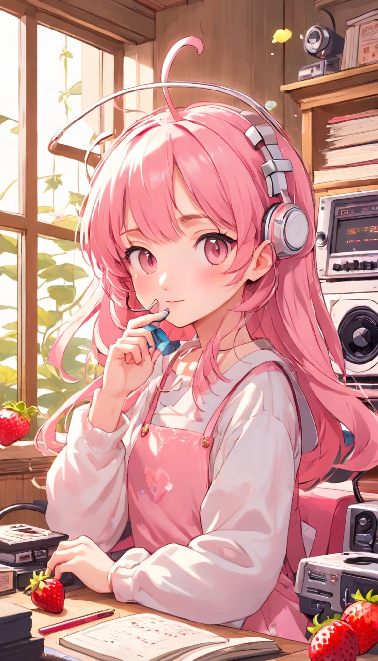 perfect body、girl wearing headphones、(((Girl's UP)))、(((The girl's face is well visible)))、make many round chicks、(())、(((cassette tape、radio cassette player、record)))、cute beautiful girl、((Listening to music with headphones on))、machine、Note、computer、light bulb、window、Chair、curtain、retro、(((80s))) Neon color、pastel colour、((Light pink room))、Polka dot pattern、strawberry、80'sパターン、round pattern、square pattern、Cartoon screentones、Dot pattern is applied from above、cooking、chick chick、Cotton candy、candy、(((Get into a rhythm))), (((lofi-art))), Cute white fur ball creature、(((The structure and balance of the face of the human body, objects, and living things are well-balanced without any discomfort.))), (((the fingers of the hand5Book))), (((beautiful and well-shaped body)))、(((Cute and beautiful face)))、(((strawberry、summer、pink and white)))