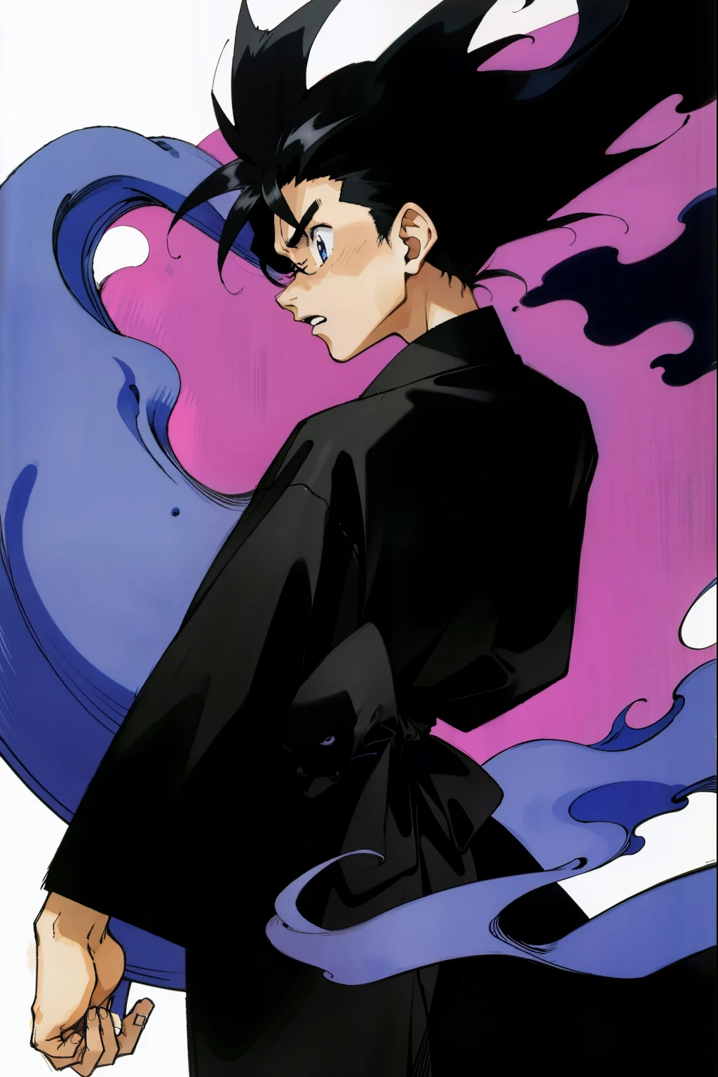 by Ken Sugimori, sugimori 1990s, ((only 1man)), black kimono, ghostly whisps, evil, shouting, wicked ((hands behind their back)), full black pupils, manga, best quality, highly detailed, clean lines, cowboy shot, good hands, good eyes, hd, 8k, professional, symmetrical, hires, 8k,