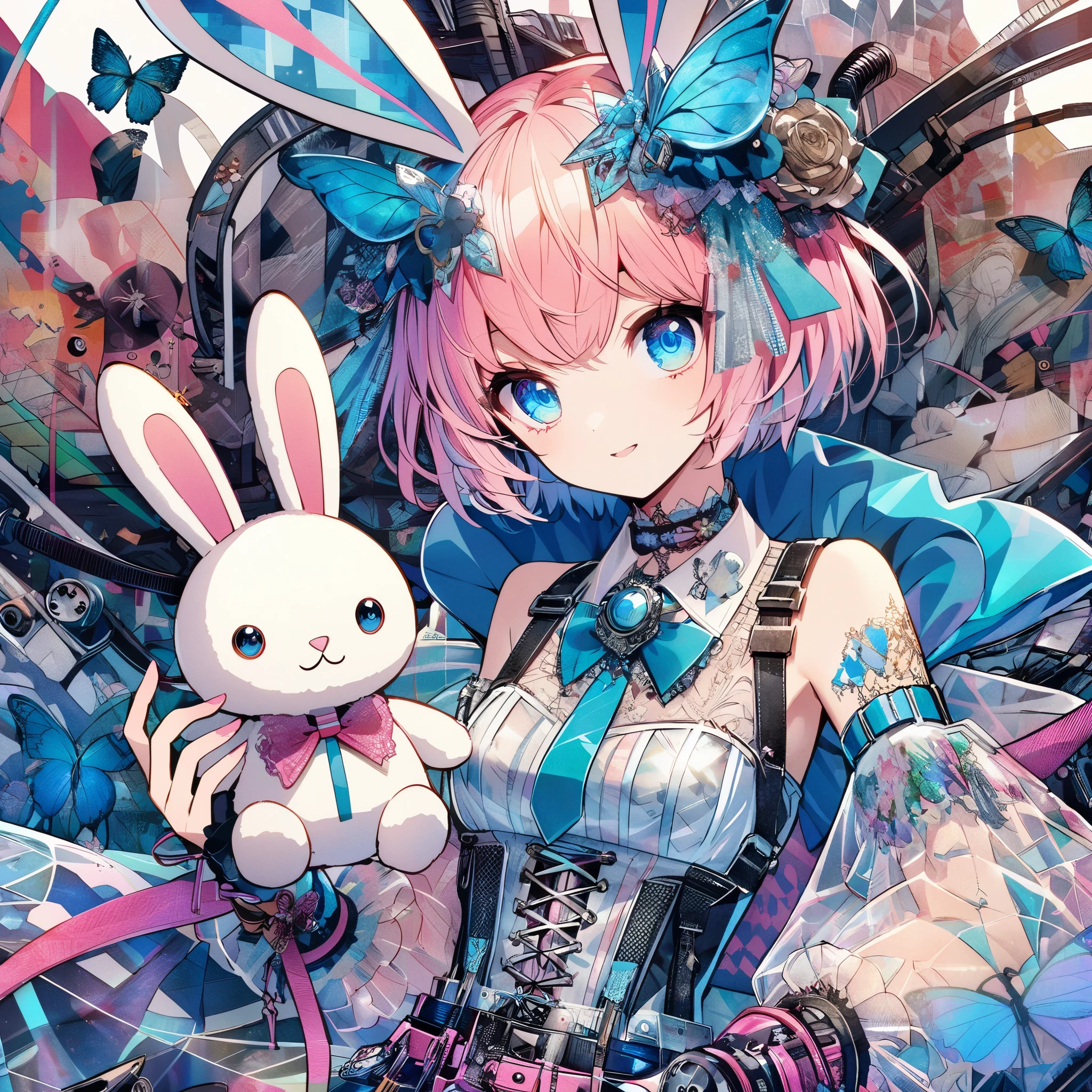 Illustrate an anime scene where a girl with pink bobbed hair and blue eyes exudes confidence in a crystal clear rabbit costume, holding a plush rabbit. Her outfit, marked by punk influences and whimsical elements, is highlighted with blue butterfly accessories. Set against a backdrop of abstract chaos, the scene masterfully blends rich textures, detailed linework, cell shading, and vivid colors, capturing a moment where vibrant confidence meets whimsical charm.