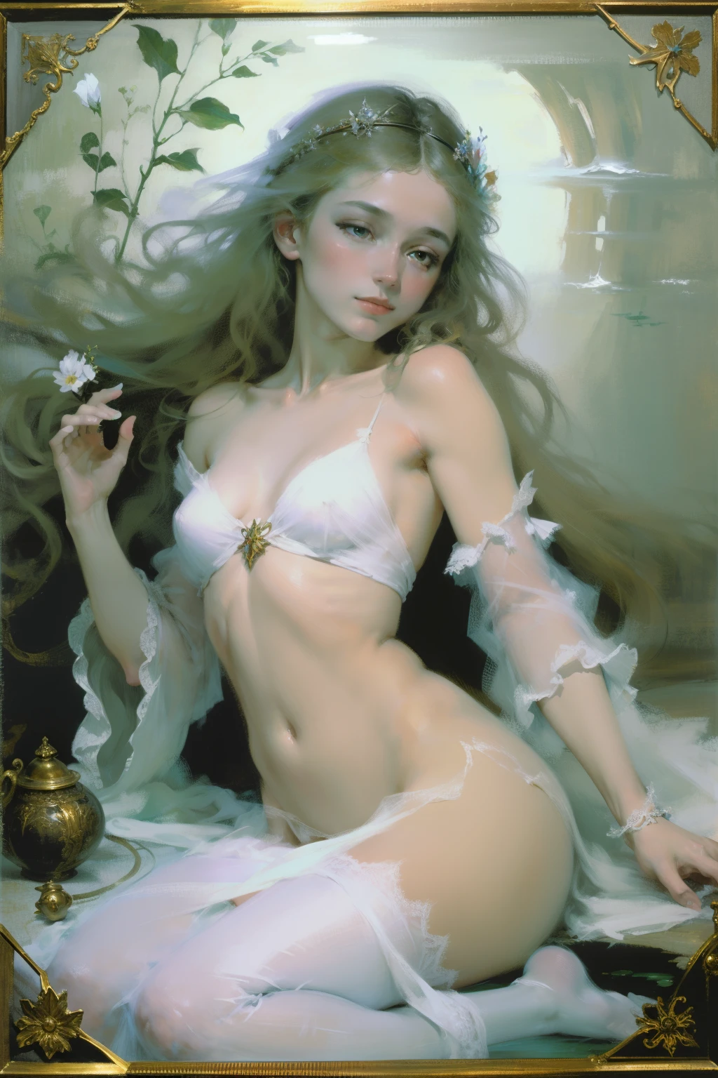 Oil paints,acrylic painting,masterpiece,renaissance style,best quality,Underwater glass palace,1 beautiful girl in white,Excellent,, simple,pastel colors,Reinhart Miekel,Ethereal fairy tale, ethereal beauty, lots of merlot, carol buck style, Angel, Close-up fantasy of water magic, Ophelia, ethereal!!!!!!!, Incredibly ethereal, phlegm多phlegm多, phlegm |, Extremely beautiful and ethereal, ethereal and dreamy, ethereal!!!, Complex WLOP, ethereal fantasy