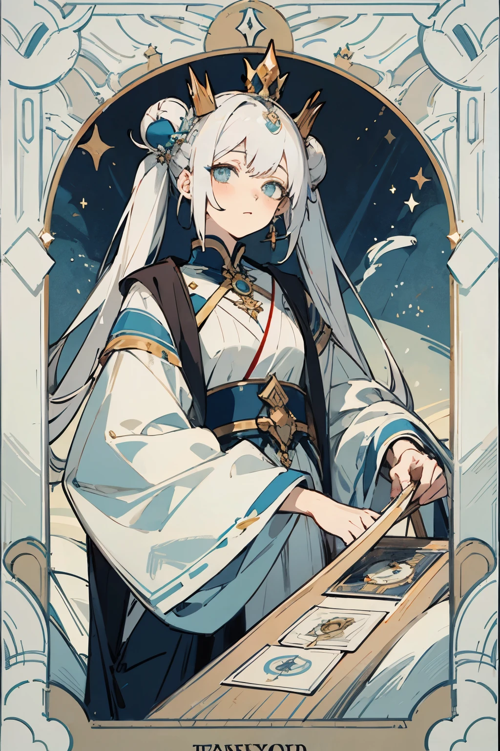 white hair,light blue gradation,tobacco,tarot,Bun twin tails,crown,empress