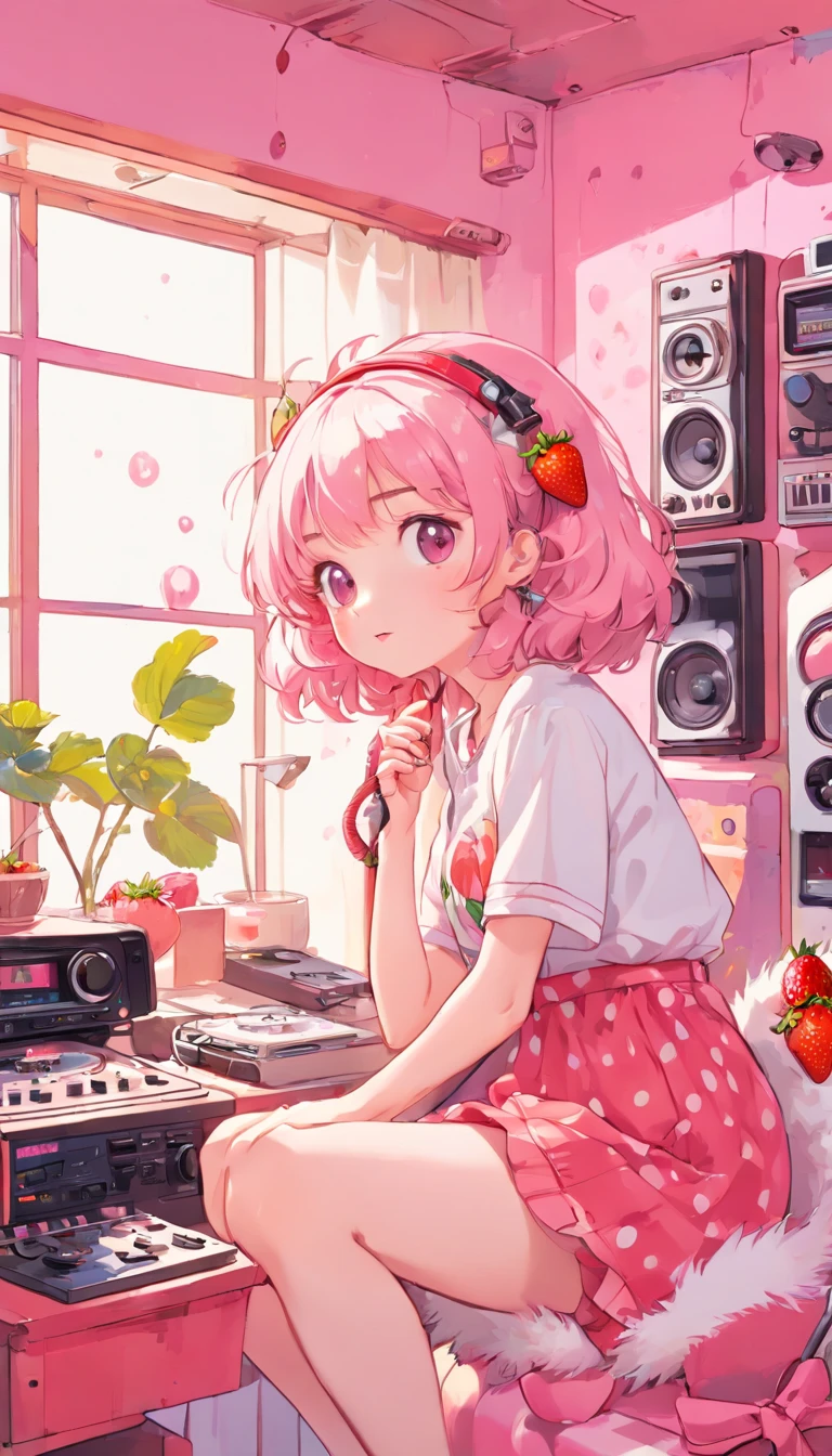 perfect body、girl wearing headphones、(((Girl's UP)))、(((The girl's face is well visible)))、make many round chicks、((12 years old))、(((cassette tape、radio cassette player、record)))、cute beautiful girl、((Listening to music with headphones on))、machine、Note、computer、light bulb、window、Chair、curtain、retro、(((80s))) Neon color、pastel colour、((Light pink room))、Polka dot pattern、strawberry、80'sパターン、round pattern、square pattern、Cartoon screentones、Dot pattern is applied from above、cooking、chick chick、Cotton candy、candy、(((Get into a rhythm))), (((lofi-art))), Cute white fur ball creature、(((The structure and balance of the face of the human body, objects, and living things are well-balanced without any discomfort.))), (((the fingers of the hand5Book))), (((beautiful and well-shaped body)))、(((Cute and beautiful face)))、(((strawberry、summer、pink and white)))