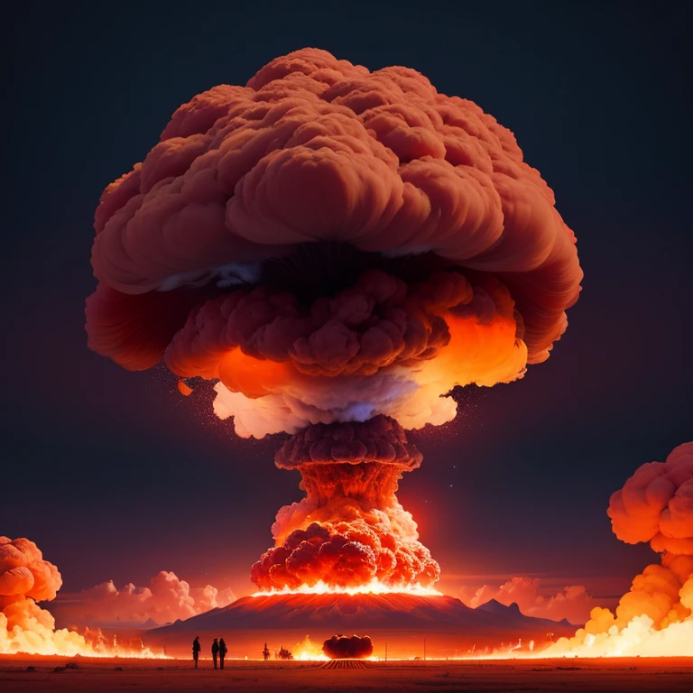 from a distance, A small group of men stood in front of a single, fiery red nuclear explosion, single big bright red mushroom cloud, vermelho poderoso,