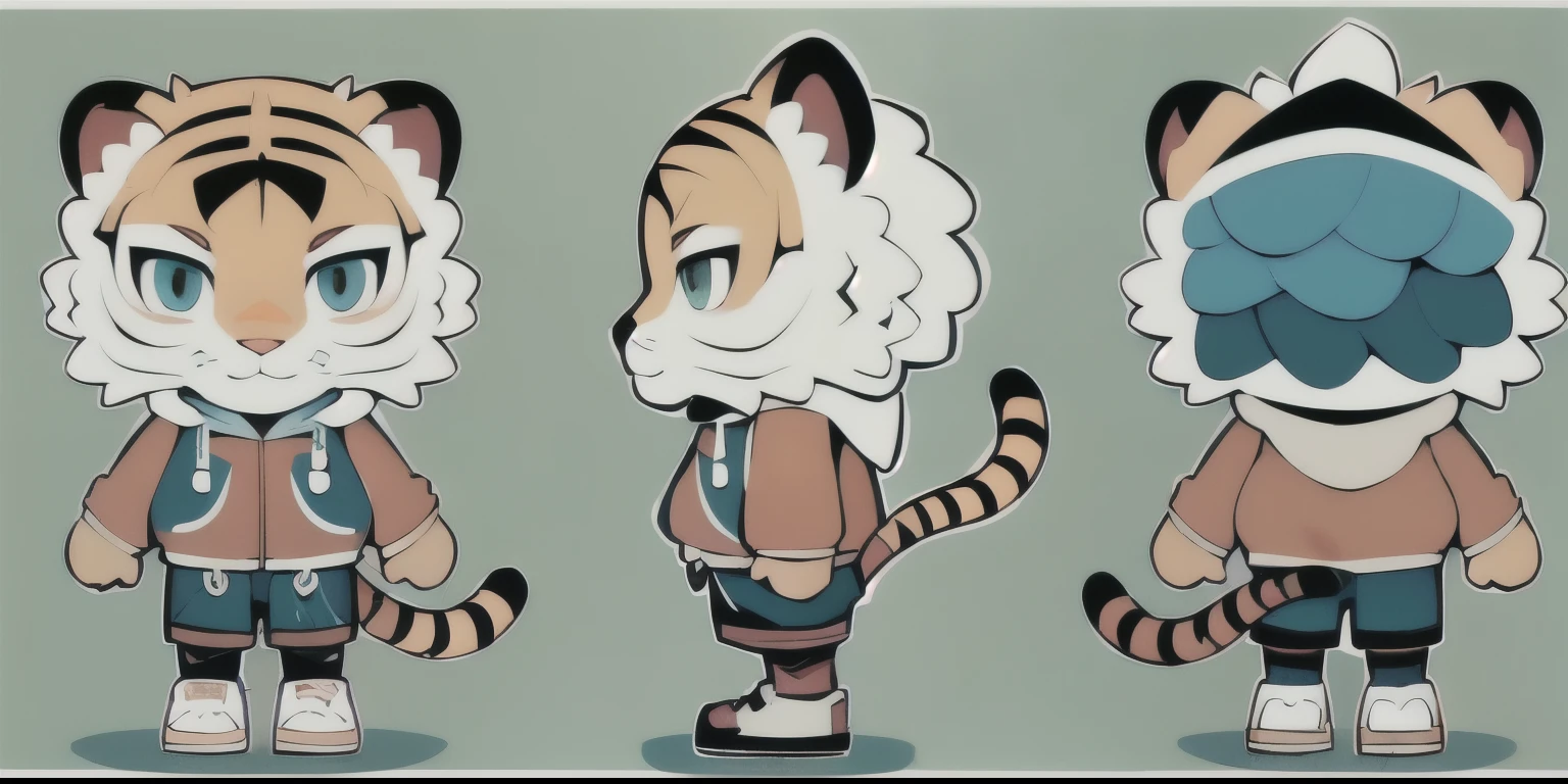 Line drawing of three cartoon characters of a tiger and a tiger cub, Official character illustrations, stylized lines, official character art, Stylized character design, character turnaround, character model sheet turnaround, Variable line art, Anthropomorphic tiger, several role conception, role conception, gentlemen. Nimbus character design, merge characters, High quality character design