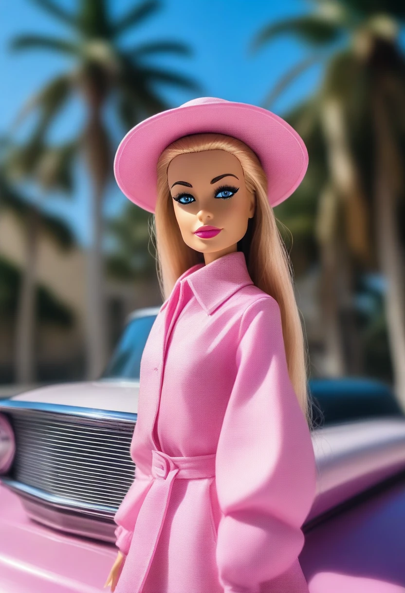 Create another scene in the same style, Barbie is outside the perfume shop now., Now she's carrying a perfume shop bag, She's about to get in the car, her car is a C1 Corvette, pink mixed with white, C1 Corvette, She is wearing a checked pink and white dress, and in the background you can see an urban 80's California look.., with palm trees and many pink flowers.