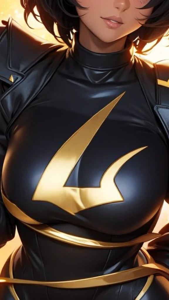 25-years-old black girl. very curvaceous and medium breast. gold eyes. Short hair and bangs in the front.wearing a sexy superhero jumpsuit with a very low v-neck and a star emblem on the chest. outer space with gold explosions and aura, close up, back turned, looking over her shoulder