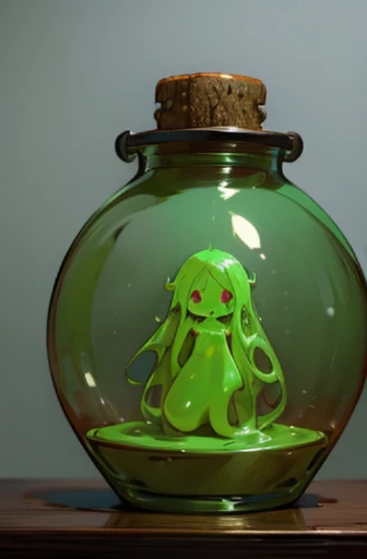 A brown slime girl trapped in a bottle on a desk、horror、Creepy、mud