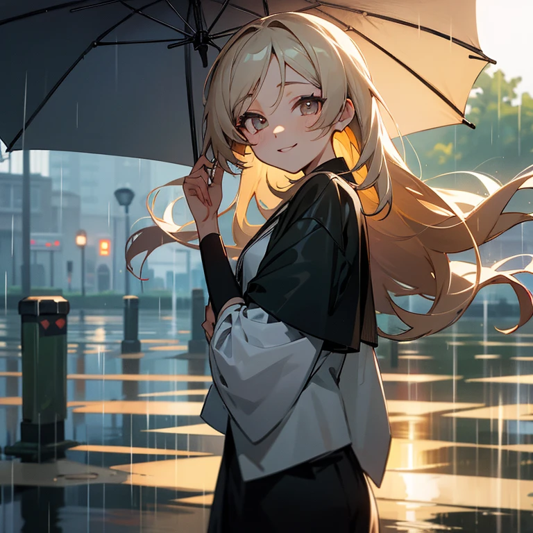 anime style, in the road, two eyes open, eyes detailed, in a rainy day with sun, smiling, masterpiece, 4k, detailed face, good anathomy, highlights, looking back to her friend chasing her