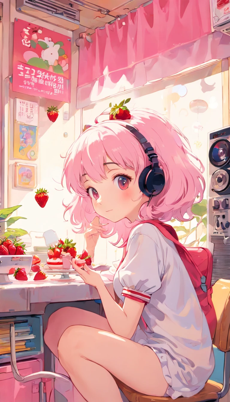 strawberryミルク、strawberryとミルク、perfect body、girl wearing headphones、(((Girl's UP)))、(((The girl's face is well visible)))、make many round chicks、(())、(((cassette tape、radio cassette player、record)))、cute beautiful girl、((Listening to music with headphones on))、machine、Note、computer、light bulb、window、Chair、curtain、retro、(((80s))) Neon color、pastel colour、((Light pink room))、Polka dot pattern、strawberry、80'sパターン、round pattern、square pattern、Cartoon screentones、Dot pattern is applied from above、cooking、chick chick、Cotton candy、candy、(((Get into a rhythm))), (((lofi-art))), Cute white fur ball creature、(((The structure and balance of the face of the human body, objects, and living things are well-balanced without any discomfort.))), (((the fingers of the hand5Book))), (((beautiful and well-shaped body)))、(((Cute and beautiful face)))、(((strawberry、summer、pink and white)))