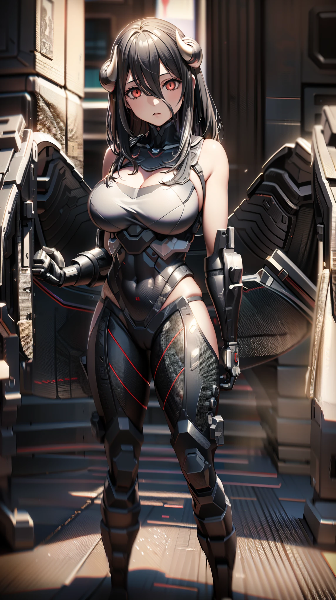 1 girl,NSFW,al1, demon horns, white gloves, white dress, bare shoulders, detached collar, cleavage, slit pupils, black wings, feathered wings, low wings,(Overload),((huge breasts 1.5)), clavicle, Glowing crimson eyes,absurd, brainwashing,empty eyes, Mind control device, ((No expression,erasure of emotions)), (black latex tight bodysuit), avert your eyes , full body figure,((stand up)), (highest quality、4k、8K、High resolution、must have:1.2)、Super detailed、(reality、reality的なです、reality的な:1.37)、ticker、hyper hd、studio lighting、ultra definition paint、sharp focus、Physically based rendering、extreme details、Professional specifications、vibrancy and color、blurry、sports portrait、landscape、horror style、anime big breasts、SF、photograph、concept artist、five fingers, perfect body, {{{masterpiece}}}, {{{highest quality}}}, {{Super detailed}}, {shape}, {{very delicate and beautiful}},Improved cost performance、all roles、Canon 5D MK4でphotograph、photograph,