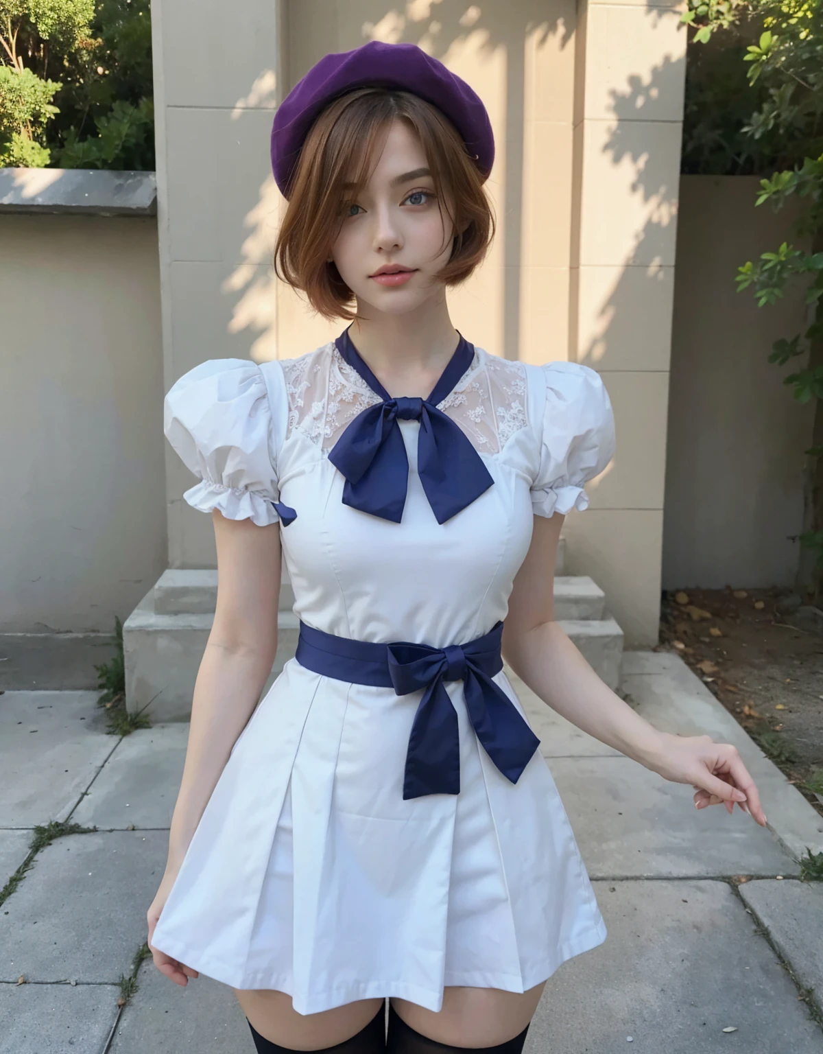 1girl, standing position, best quality, 32k, photograph, full body, tone mapping, rena ryuuguu, asian-european, orange hair, short hair, blue eyes, beret, black thighhighs, bow, bowtie, white dress, white hat, puffy short sleeves, puffy sleeves, purple bow, purple bowtie, short sleeves, thighhighs, white dress, zettai ryouiki, perfectly drawn handasterpiece)), ((highres)), ((detailed background))