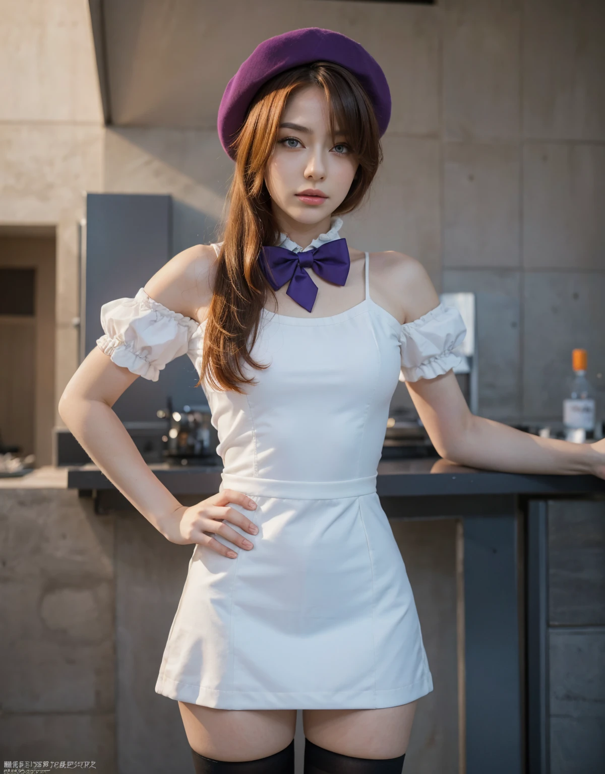 1girl, standing position, best quality, 32k, photograph, full body, tone mapping, rena ryuuguu, asian-european, orange hair, short hair, blue eyes, beret, black thighhighs, bow, bowtie, white dress, white hat, puffy short sleeves, puffy sleeves, purple bow, purple bowtie, short sleeves, thighhighs, white dress, zettai ryouiki, perfectly drawn handasterpiece)), ((highres)), ((detailed background))