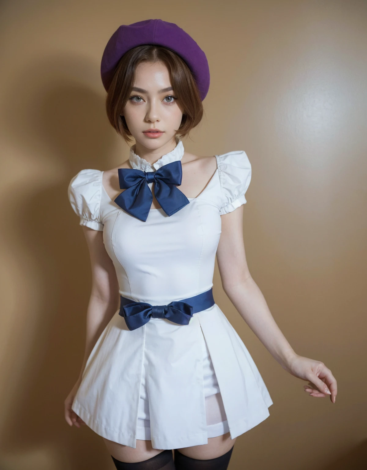 1girl, standing position, best quality, 32k, photograph, full body, tone mapping, rena ryuuguu, asian-european, orange hair, short hair, blue eyes, beret, black thighhighs, bow, bowtie, white dress, white hat, puffy short sleeves, puffy sleeves, purple bow, purple bowtie, short sleeves, thighhighs, white dress, zettai ryouiki, perfectly drawn handasterpiece)), ((highres)), ((detailed background))