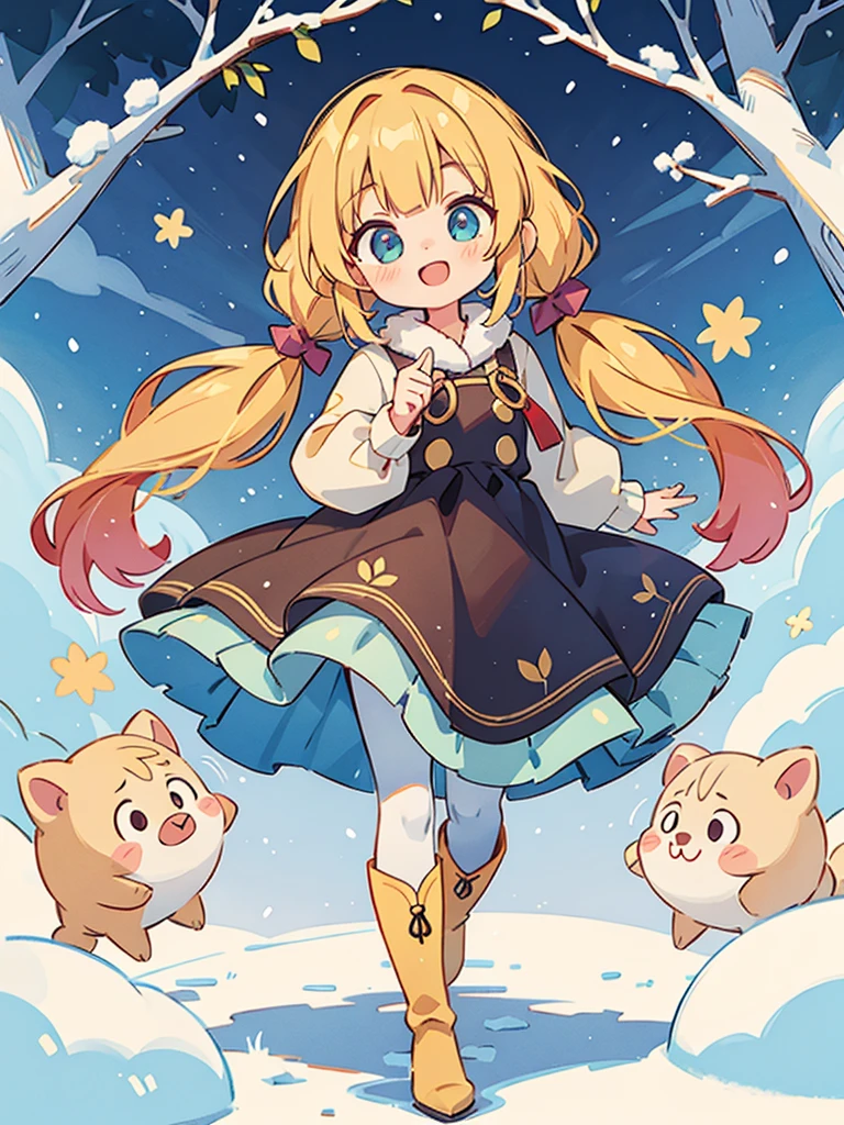 stand in front of the photo、1 girl,full body,short bob, But long pigtails, golden hair,Knee-high boots,Open mouth and big smile、cute pose、flowing iridescent silk、wearing colored tights、close up of face、eye up、heart pattern colored contact lenses、floral dress、There are flowers in front of me、snow scene、season!!: winter☀ 🍂