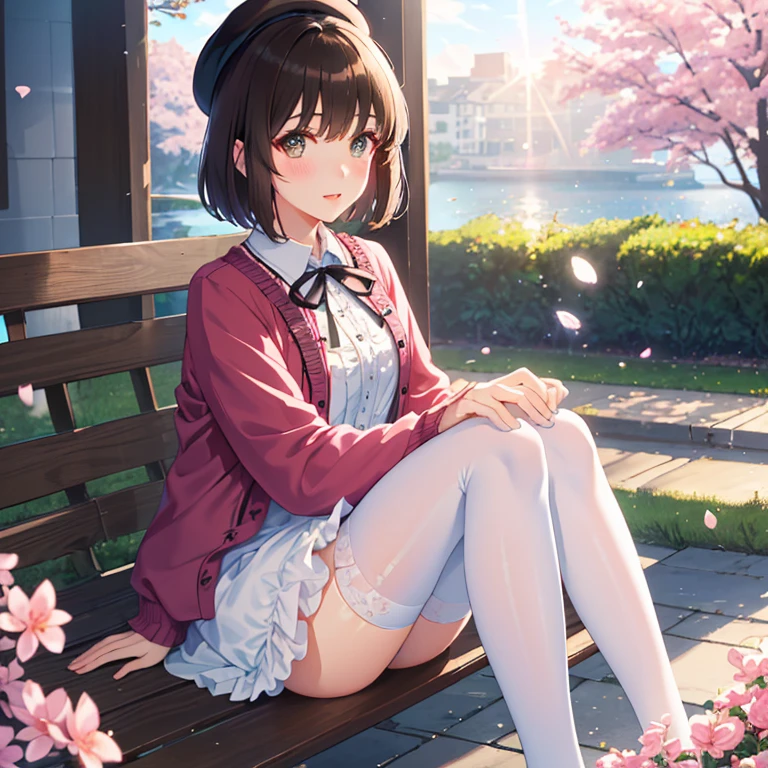 (masterpiece:1.6, highest quality), (fine and beautiful eyes: 1.2),  (Lens flare, particles of light, shine),PhD_Kato, Katouhdlong, alone, brown hair, have, upper limbs, short hair, brown eyes, hat has been removed, dress, took off the hat, white stockings, White dress, Wear a hat, frills太もも, bangs, open your mouth, frills, 赤いJacket, Jacket, zettai ryouiki, petal, ribbon, holding, white hat, blush, panty shot, (full body esbian),
