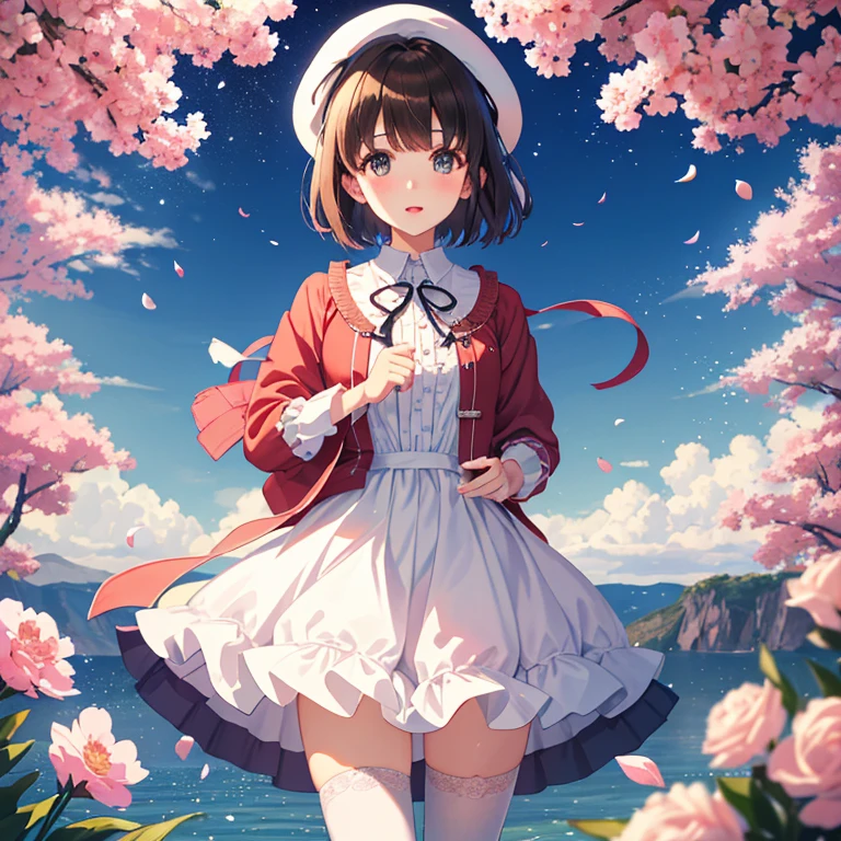 (masterpiece:1.6, highest quality), (fine and beautiful eyes: 1.2),  (Lens flare, particles of light, shine),PhD_Kato, Katouhdlong, alone, brown hair, have, upper limbs, short hair, brown eyes, hat has been removed, dress, took off the hat, white stockings, White dress, Wear a hat, frills太もも, bangs, open your mouth, frills, 赤いJacket, Jacket, zettai ryouiki, petal, ribbon, holding, white hat, blush, panty shot, (full body esbian),