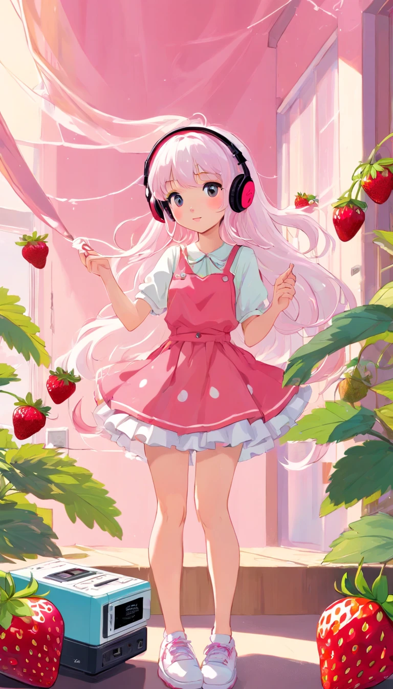 strawberryミルク、strawberryとミルク、perfect body、knee-length skirt、girl wearing headphones、(((Girl's UP)))、(((The girl's face is well visible)))、make many round chicks、((12 years old))、(((cassette tape、radio cassette player、record)))、cute beautiful girl、((Listening to music with headphones on))、machine、Note、computer、light bulb、window、Chair、curtain、retro、(((80s))) Neon color、pastel colour、((Light pink room))、Polka dot pattern、strawberry、80'sパターン、round pattern、square pattern、Cartoon screentones、Dot pattern is applied from above、cooking、chick chick、Cotton candy、candy、(((Get into a rhythm))), (((lofi-art))), Cute white fur ball creature、(((The structure and balance of the face of the human body, objects, and living things are well-balanced without any discomfort.))), (((the fingers of the hand5Book))), (((beautiful and well-shaped body)))、(((Cute and beautiful face)))、(((strawberry、summer、pink and white)))