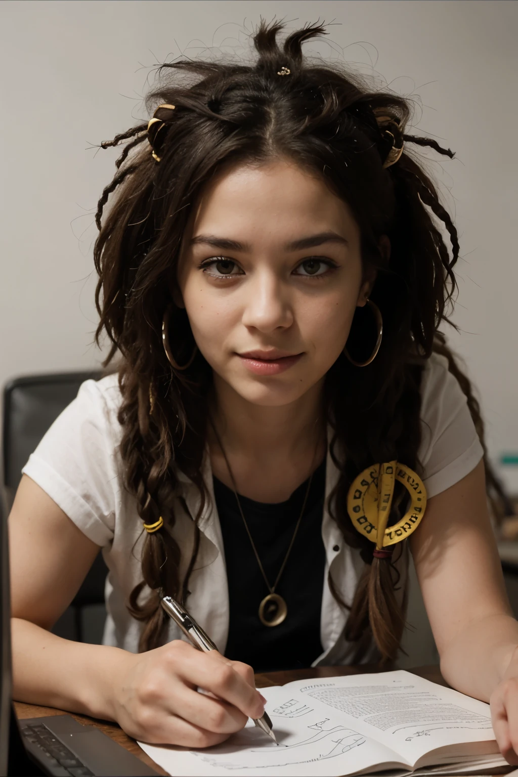 Cartoon personnage lion avec dreadlocks travaille sur ordinateur futuriste 