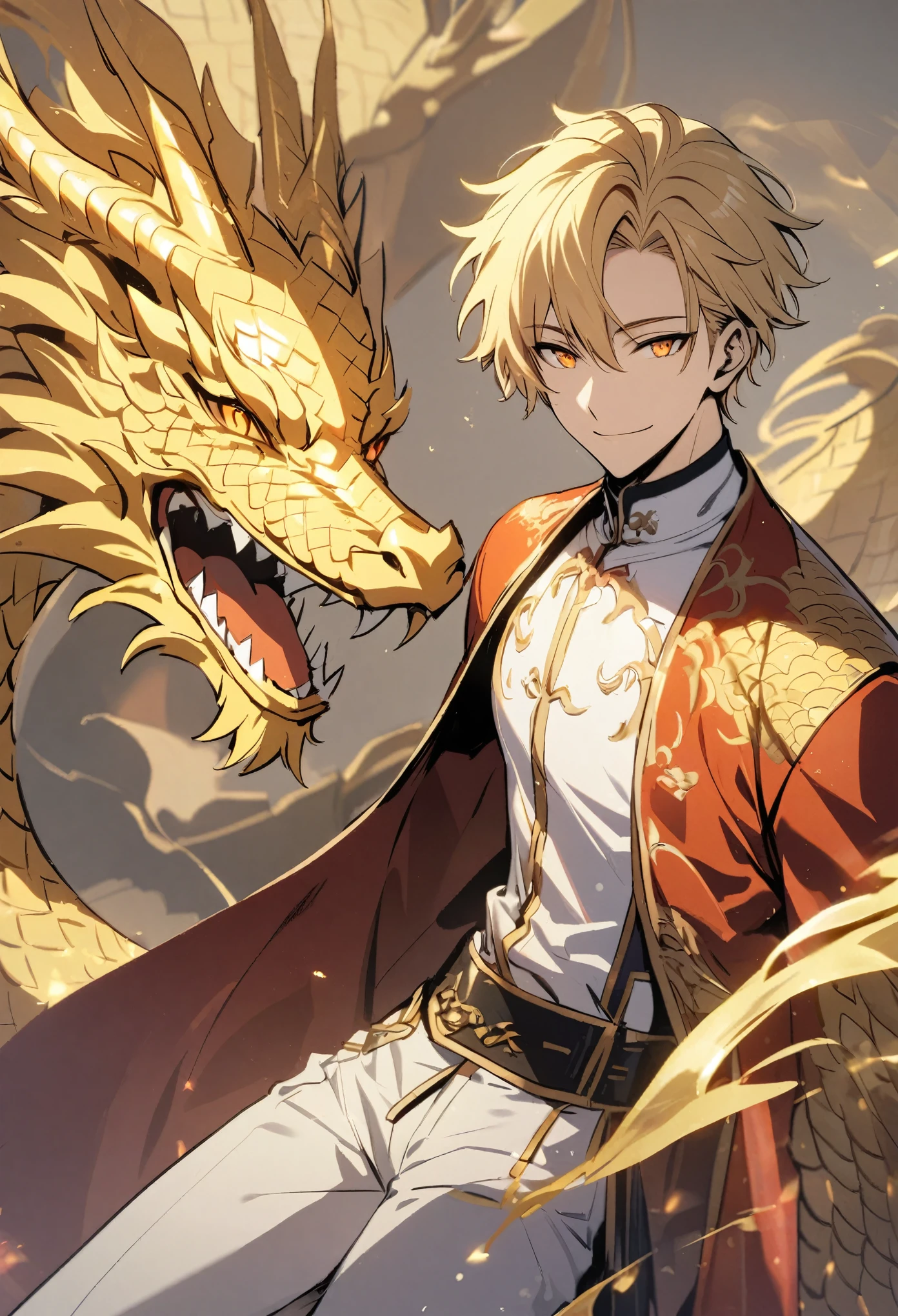 Handsome, solo, male, short hair, blonde hair, orange eyes, smile facial, white shirt, white pant, red and gold coat, golden dragon