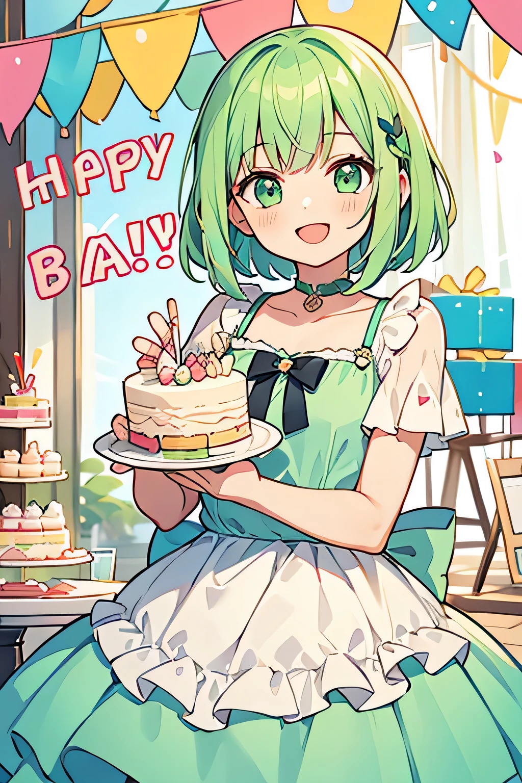 Birthday party,girl with birthday cake,smile,mint green hair,bob hair,open your mouth and laugh,dress