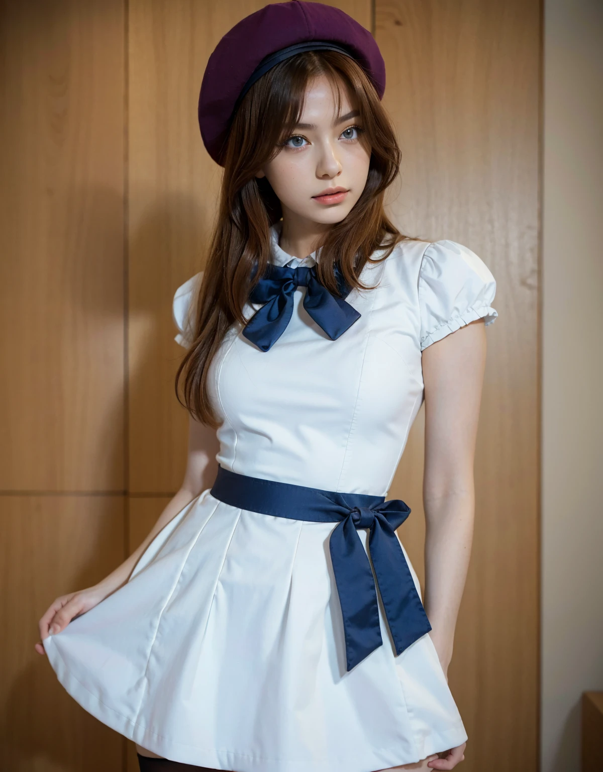 1girl, standing position, best quality, 32k, photograph, full body, tone mapping, rena ryuuguu, asian-european, orange hair, short hair, blue eyes, beret, black thighhighs, bow, bowtie, white dress, white hat, puffy short sleeves, puffy sleeves, purple bow, purple bowtie, short sleeves, thighhighs, white dress, zettai ryouiki, perfectly drawn handasterpiece)), ((highres)), ((detailed background))