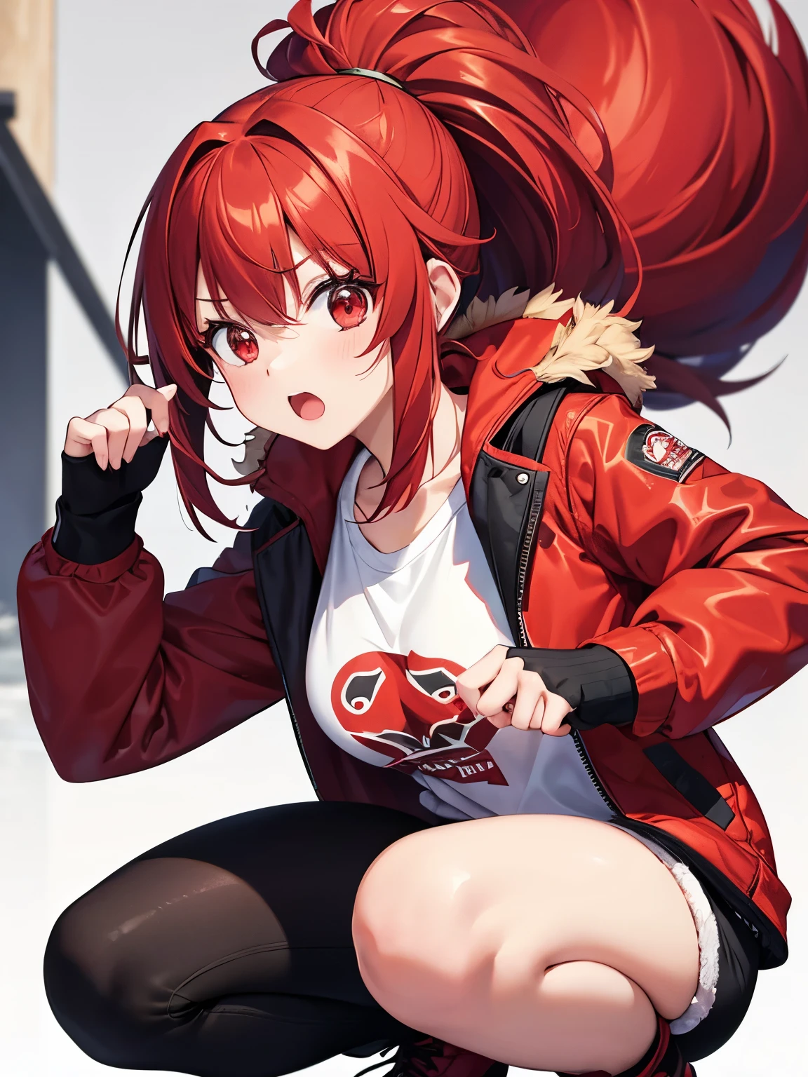 1 girl,Red hair,Expression of pain, eyes closed, teeth showing,Wearing a red fur jacket,ponytail,half body photo,white t-shirt, long black trousers