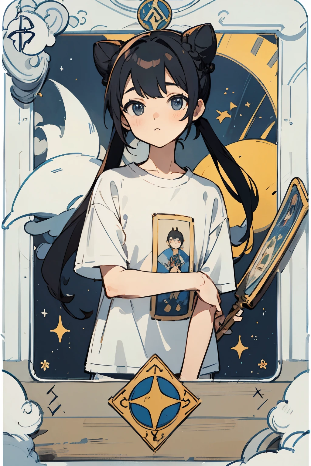 black hair,white long t-shirt,tarot,Bun twin tails,Note