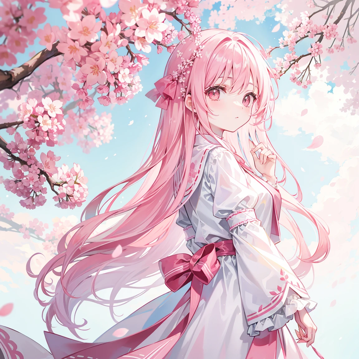 Cherry blossoms are falling,pale pink and white long hair，green, white and pink clothes，She&#39;s a cute and nice girl，turn around，It looks very light and gentle