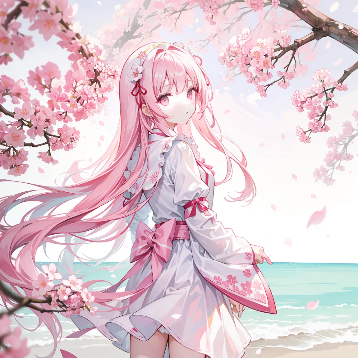 Cherry blossoms are falling,pale pink and white long hair，green, white and pink clothes，She&#39;s a cute and nice girl，turn around，It looks very light and gentle