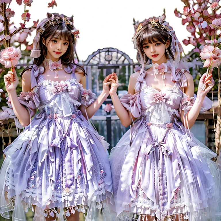 best quality, delicate face， 2 girls, black hair, Long curly hair, blunt bangs, Smile, pink skirt, pink ta dress, layered skirt, Lolityle long skirt，21 years old female，穿着pink lolita d(dreamy atmosphere:1.1)、​Masterpiece、born、Scenes resembling fairy tale illustrations、huge breasts，hands on hips，Wide cuffs cover hands，2 girls，whole body，In the garden