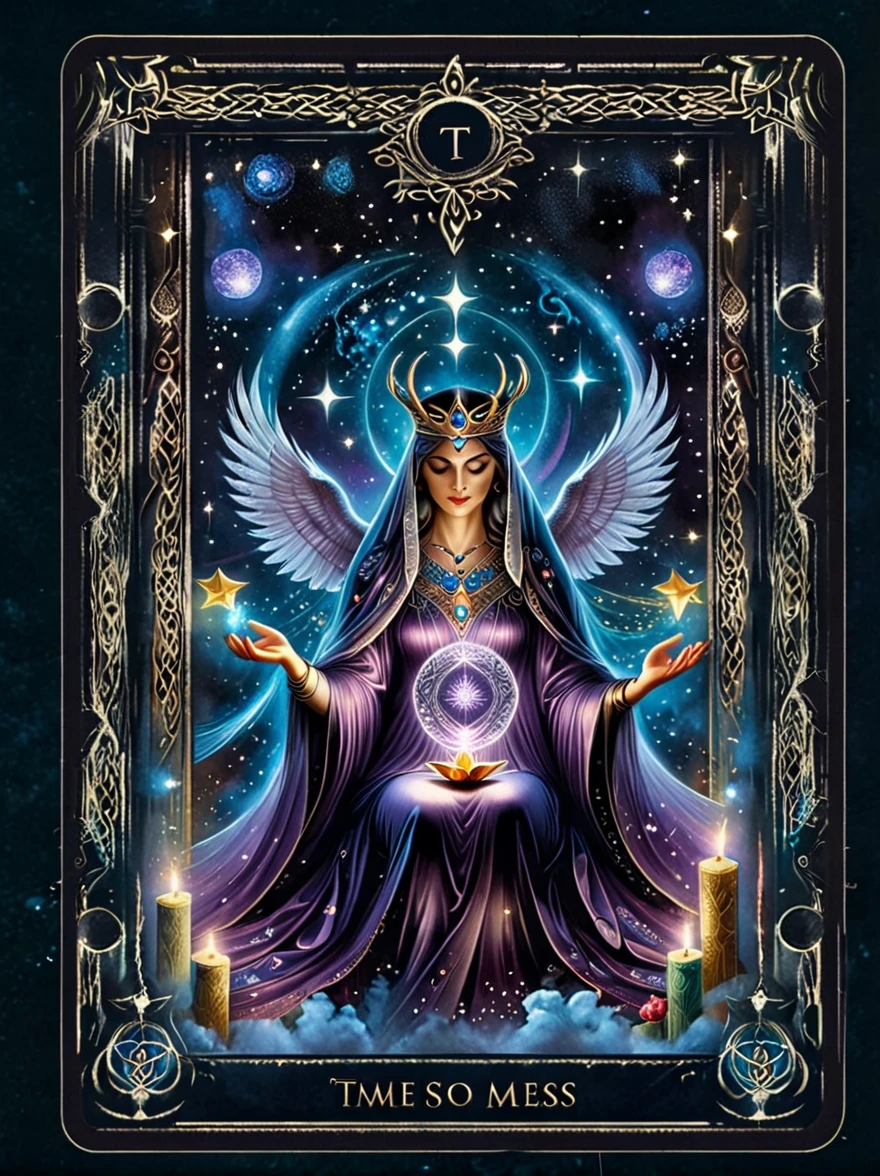 (tarot card:1.5，Rotational symmetry，center), Envision a mystical tarot card floating amidst a cosmic backdrop of twinkling stars and swirling galaxies. The card is the 'The High Priestess,' represented by a regal figure sitting between two pillars, a crescent moon at her feet and a tapestry of pomegranates behind her. She holds an ancient scroll and her eyes are filled with the wisdom of the ages. Around her, ethereal forms and symbols emerge, such as an owl for wisdom, a crown for authority, and a veil for mystery. The colors are vibrant yet possess a dreamlike quality, with deep blues, purples, and silvers that shimmer against the cosmic void. The image evokes a sense of deep intuition and the unknowable secrets of the universe.