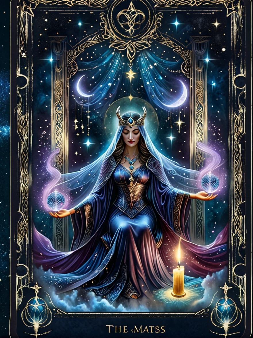 (tarot card:1.5，Rotational symmetry，center), Envision a mystical tarot card floating amidst a cosmic backdrop of twinkling stars and swirling galaxies. The card is the 'The High Priestess,' represented by a regal figure sitting between two pillars, a crescent moon at her feet and a tapestry of pomegranates behind her. She holds an ancient scroll and her eyes are filled with the wisdom of the ages. Around her, ethereal forms and symbols emerge, such as an owl for wisdom, a crown for authority, and a veil for mystery. The colors are vibrant yet possess a dreamlike quality, with deep blues, purples, and silvers that shimmer against the cosmic void. The image evokes a sense of deep intuition and the unknowable secrets of the universe.