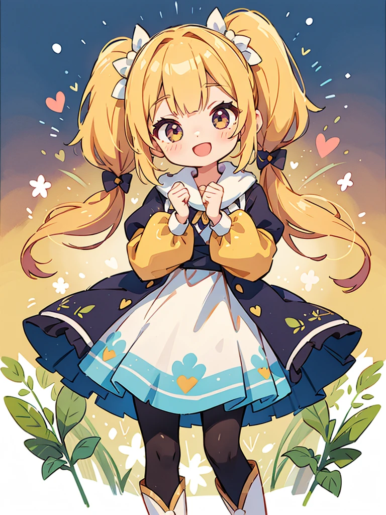 stand in front of the photo、1 girl,full body,short bob, But long pigtails, golden hair,Knee-high boots,Open mouth and big smile、cute pose、flowing iridescent silk、wearing colored tights、close up of face、eye up、heart pattern colored contact lenses、floral dress、There are flowers in front of me、snow scene、season!!: winter☀ 🍂