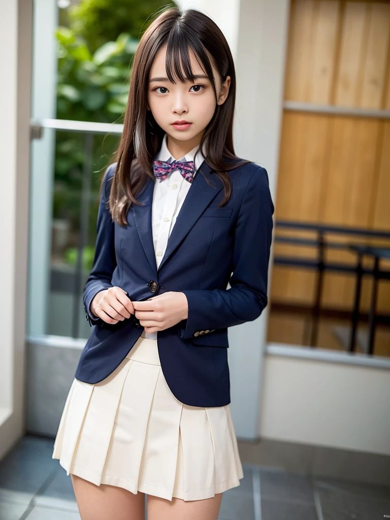 (masterpiece, highest quality:1.4), award-winning portraits, 8K, 85mm, alone, beautiful face, delicate girl, , (dark navy blazer jacket), dark navy skirt, long sleeve, violaces, gardenia, grace, Sophisticated, cute, teen, looking at the viewer, 15 years old, Raw photo, disorganized, HDR, sharp focus, A bow tie, background bokeh、(((flat 、thin and delicate body、A childish atmosphere)))、Her shiny semi-long hair is tied up、hair swaying in the wind、Mole on the left cheek、large, round, dark blue eyes、full body、random pose、Run、sprinting、Skirt fluttering in the wind、Junior idol、Nogizaka Idol、widening skirt、jump、mole under eye、sexy、