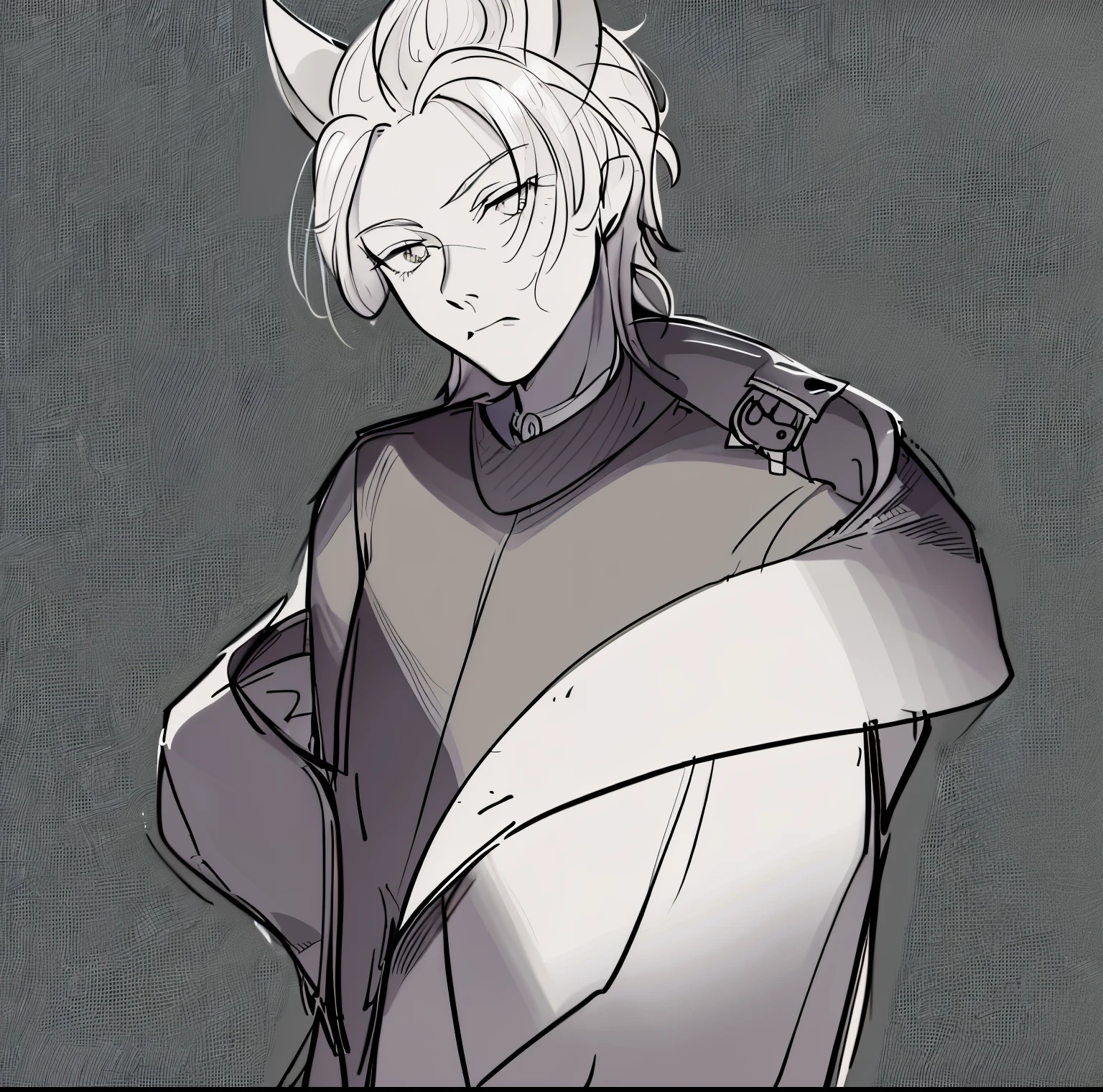 A drawing of a young man wearing a jacket with cat ears, Exquisite androgynous prince, beautiful androgynous prince, line drawing, rough art style, horned, line drawing!!, thick line draft, Have a cloak, simple line art, clean lines, Boy with cat ears and tail, old sketch, With shoulder pads, Hood with pointed ears