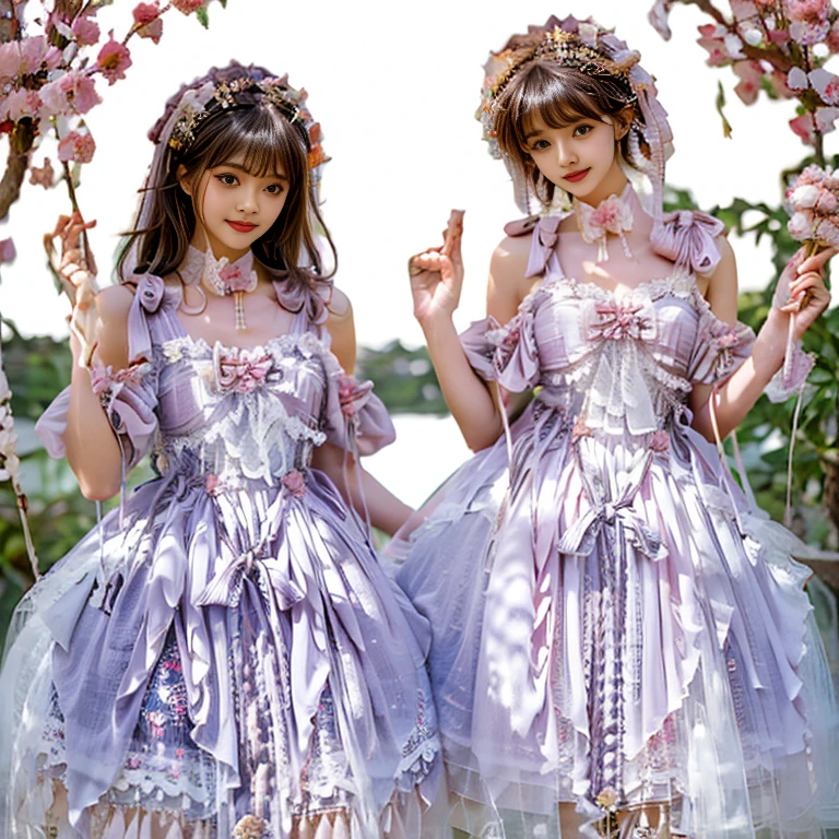 best quality, delicate face, 2 girls, black hair, Long curly hair, blunt bangs, Smile, pink skirt, pink lolita dress, layered skirt, Lolita style long skirt,21 years old female,穿着pink lolita dress(dreamy atmosphere:1.1)、Masterpiece、born、Scenes resembling fairy tale illustrations、huge breasts,hands on hips,Wide cuffs cover hands,2 girls,whole body,In the garden,The background is the garden