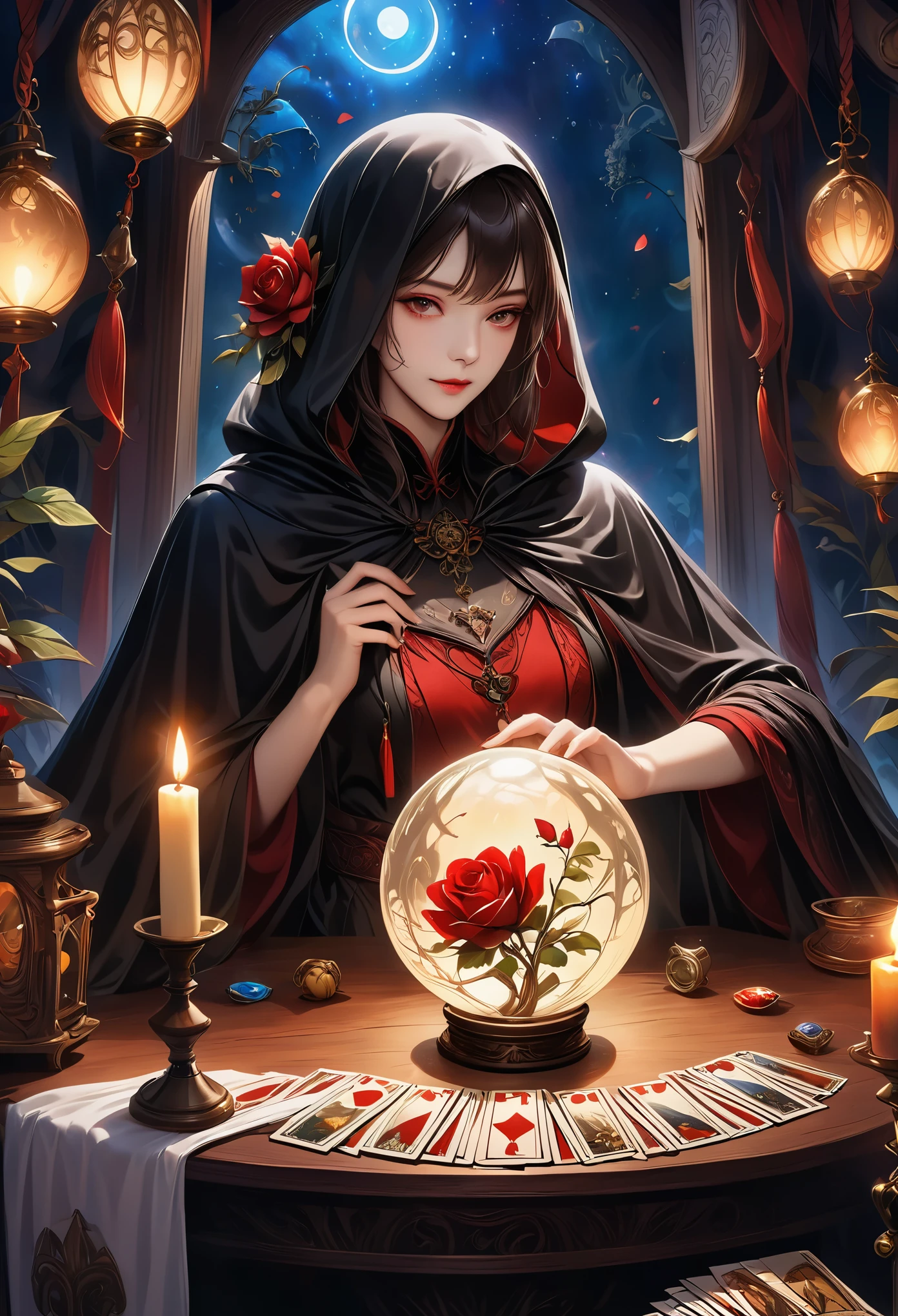 A beautiful and mysterious fortune teller in a compact and intriguing setting. The fortune teller is wearing a cloak, with exquisitely detailed facial features. 

The scene is dimly lit, creating an atmosphere of uncertainty and anticipation. The fortune teller is sitting at a table, which is adorned with tarot cards, a crystal ball, and a deck of tarot cards. The table is surrounded by wax candles, adding to the mysterious ambiance. 

The lighting in the room is dark, casting intriguing shadows that enhance the mystical atmosphere. The fortune teller is holding a tarot card, gazing into its symbols to provide insights into the future. 

The overall artwork should be of the best quality, with a resolution of 4k or 8k. The level of detail should be ultra-detailed and realistic, almost approaching photorealism. 

The artistic style should reflect an official aesthetic, with vivid colors and strong contrasts. The color tones should enhance the mysterious and mystical themes of the artwork. 

The fortune teller's cloak is adorned with an intricate design, featuring metallic borders with a thickness ratio of 1.5. Additionally, there should be decorative rose borders incorporated into the composition. 

The scene should have a magical aura, resembling a night sky filled with stars. The fortune teller's expression should convey a sense of mystery and intrigue.