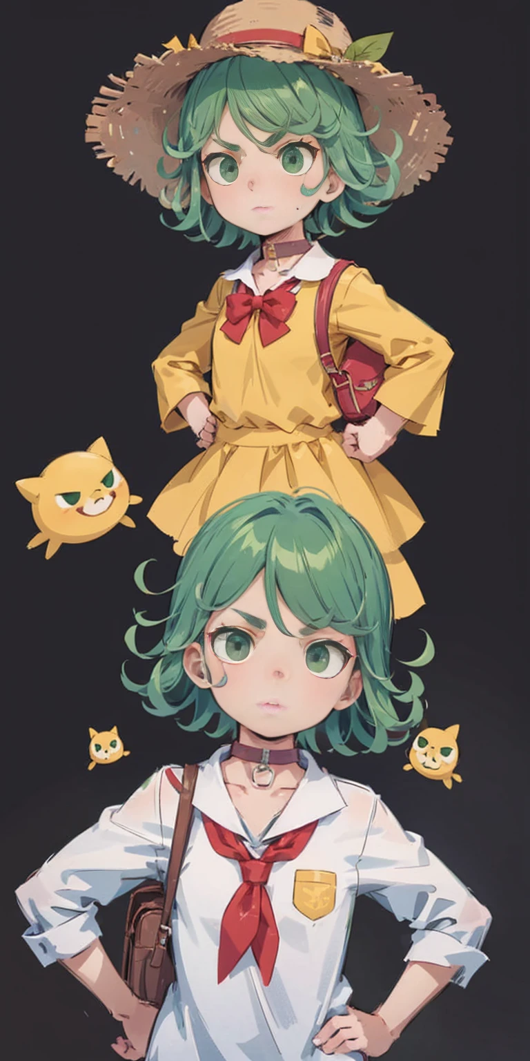 ((black background)) Tatsumaki kneel on WHITE sheet, short bob hair green hair, GREEN EYES, kindergarten_uniform,yellow hat,red school bag, leather choker collar slave , (hands on hips, clenching fist 👊 ✊️)