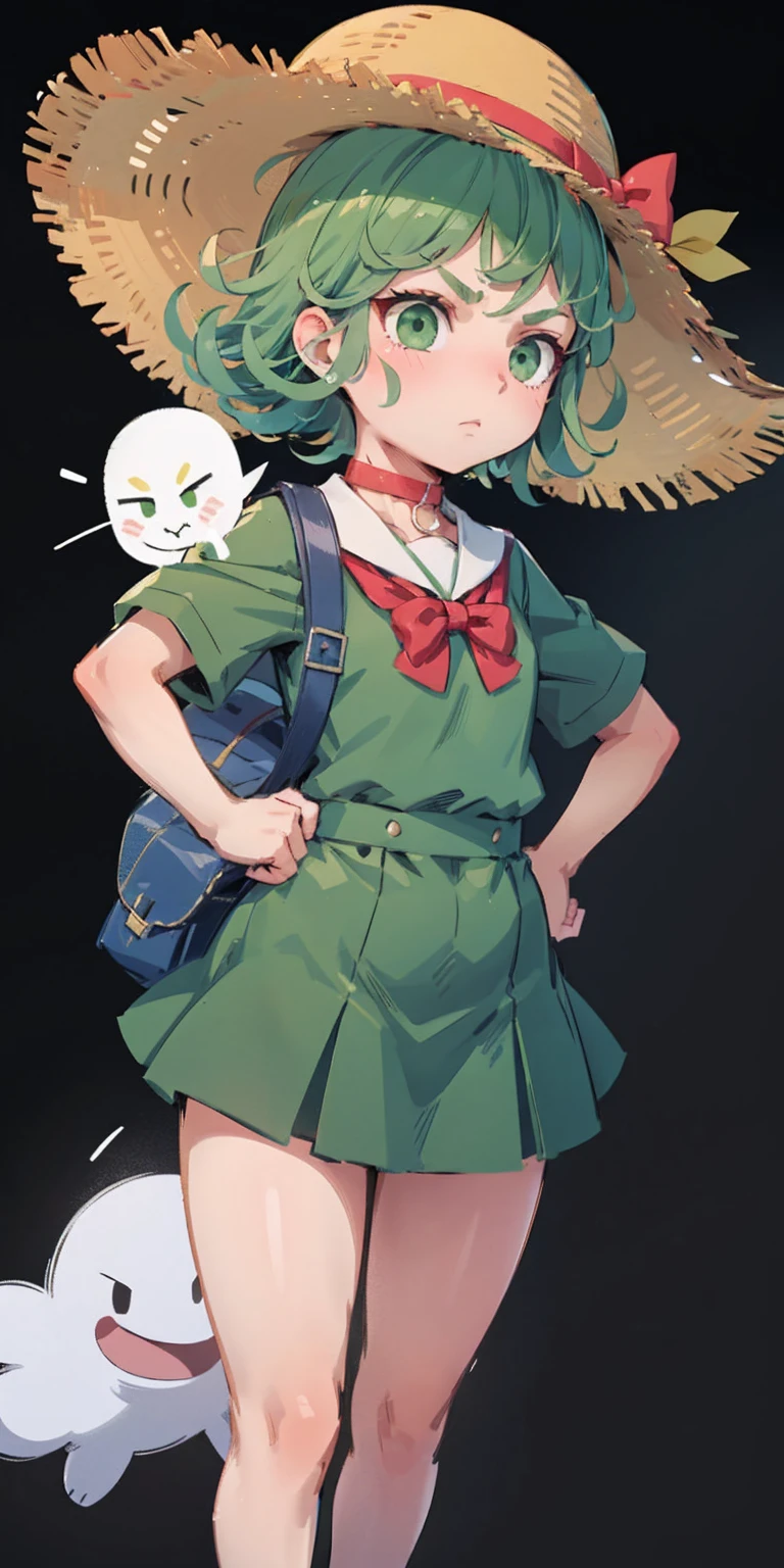 ((black background)) Tatsumaki kneel on WHITE sheet, short bob hair green hair, GREEN EYES, _uniform,yellow hat,red school bag, leather choker collar slave , (hands on hips, clenching fist 👊 ✊️)