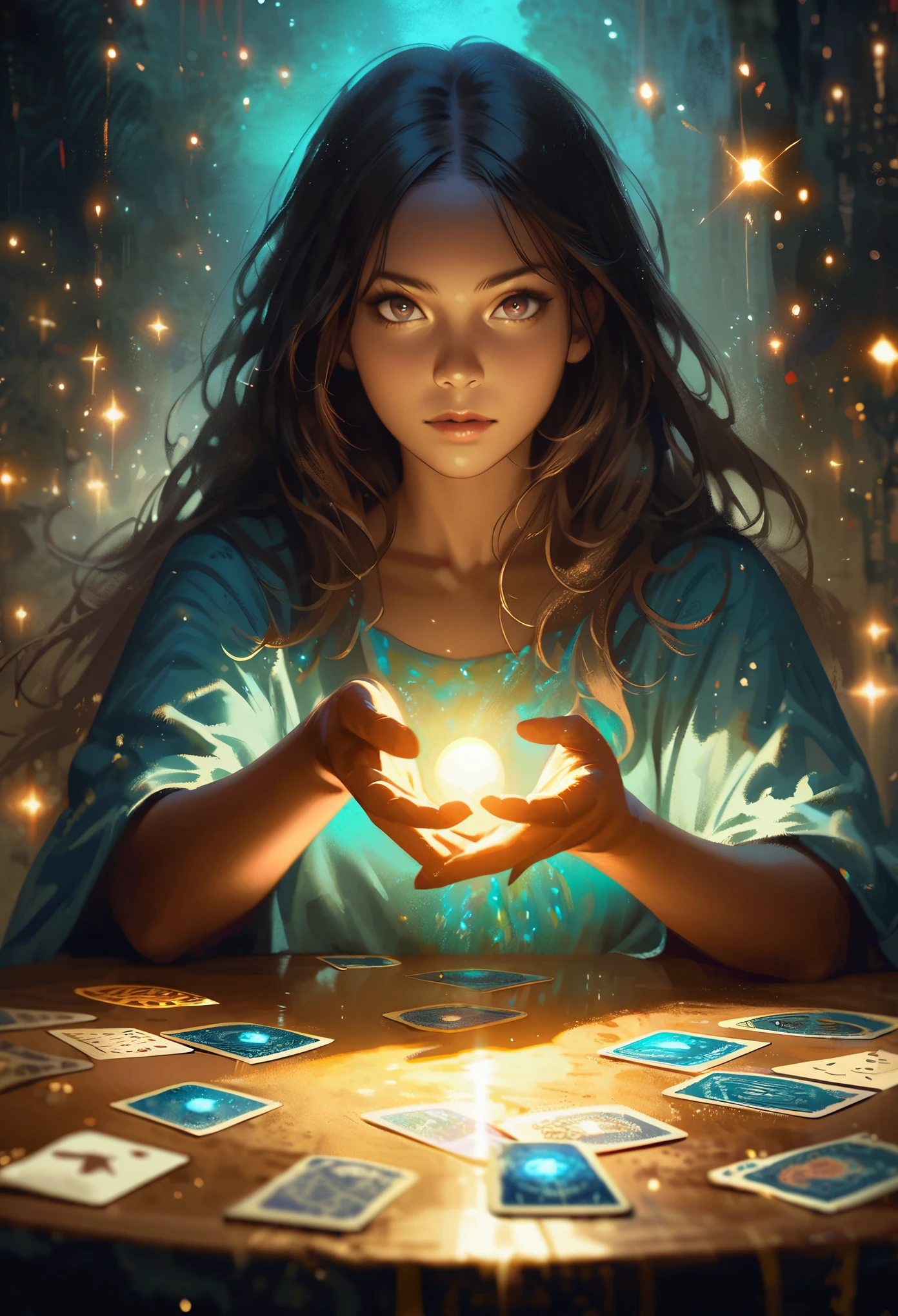impressionism painting, realistic, 1boy, fortune teller, tarot cards at a table, looking at viewer, dark skin, mystical, magical, glow, glowing, dark magical lighting, moody, cinematic, sparkle, glittering, darkness