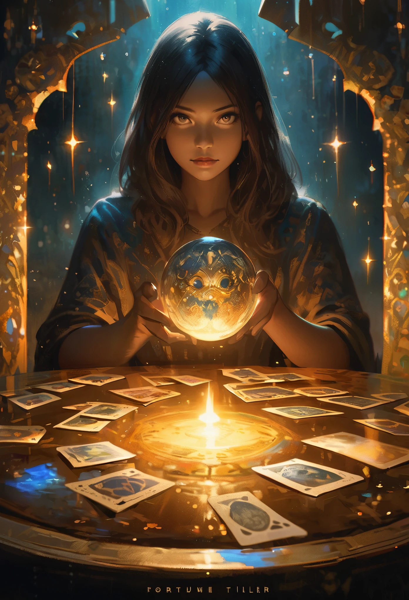 impressionism painting, realistic, 1girl, fortune teller, tarot cards at a table, looking at viewer, dark skin, mystical, magical, glow, glowing, dark magical lighting, moody, cinematic, sparkle, glittering, darkness