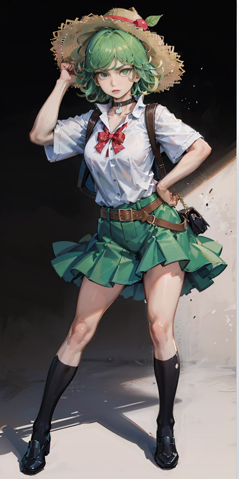 ((black background)) Tatsumaki kneel on WHITE sheet, short bob hair green hair, GREEN EYES, kindergarten_uniform,yellow hat,red school bag, leather choker collar slave , (hands on hips, clenching fist 👊 ✊️)