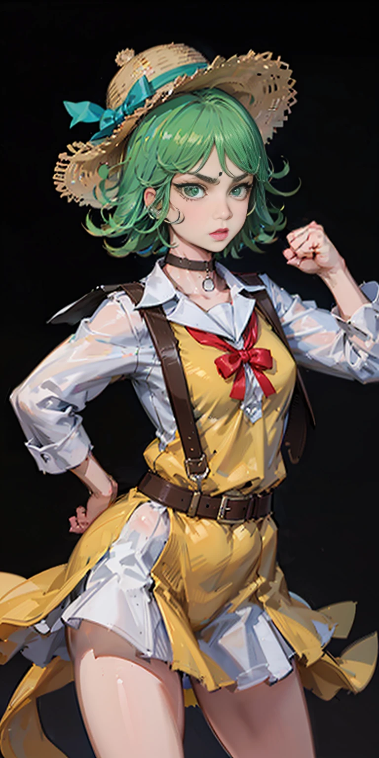 ((black background)) Tatsumaki kneel on WHITE sheet, short bob hair green hair, GREEN EYES, _uniform,yellow hat,red school bag, leather choker collar slave , (hands on hips, clenching fist 👊 ✊️)