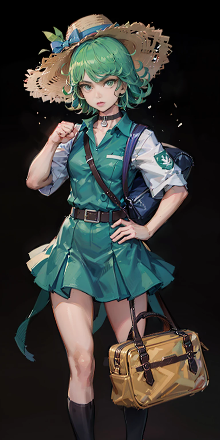 ((black background)) Tatsumaki kneel on WHITE sheet, short bob hair green hair, GREEN EYES, _uniform,yellow hat,red school bag, leather choker collar slave , (hands on hips, clenching fist 👊 ✊️)