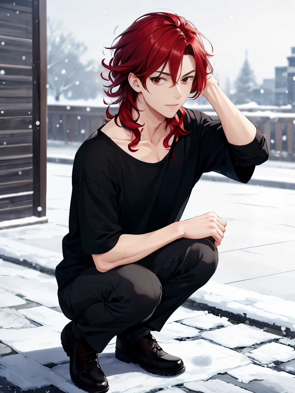1boy, cool style,looking at viewer,squat,Black t-shirt,standing,close up photo,snowing,handsome,Shoulder length hair,curly hair, red hair,black trousers, black shirt,red eyes, vampire