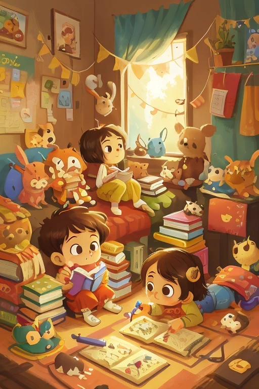 Cartoon illustration of a child with toys and books in the room, artstation for kids art, Lovely and detailed digital art, Lovely art style, Lovely detailed artwork, cute numbers, by Ryan Ye, by Jason Chen, Cyril Rolando and Goro Fujita, Kubis Art, Children's book illustrations, colorful Children's book illustrations