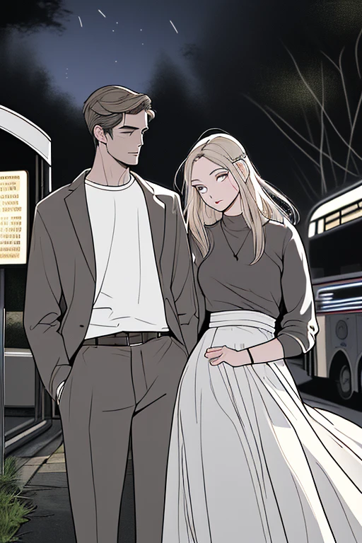 (Ridiculous, high resolution, Super detailed), masterpiece, best quality, 1 man and 1 woman looking at each other tenderly. The man is tall, Handsome, short hair, Light-colored sweatshirt, Head down sideways. Woman with long hair, shirt，long skirt, Soft Face Features，Curious expressions. Bus stop in the background, Fireflies surround.