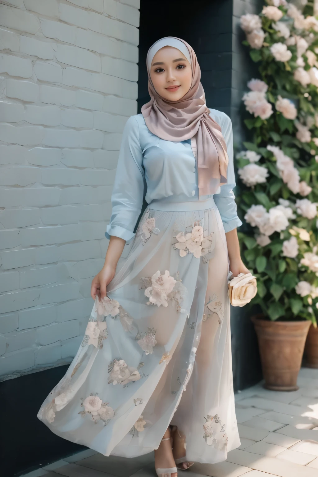 Hyper realistic, Beautiful, cute Face, 18 Years old russian ta Girl, (wearing hijab), Detailed sexy seethru light blue lace kebaya dress, open breast, breast out, nude, nipples, small Rounded Breast, luxury necklace, White Skin, Dark City Background, mid shot, upper body, Perfect Potrait, Bokeh Effect, Look at Viewer, Armpit, Perfect Eye, Perfect Hand, Perfect Finger, Bracelet, Ring, (small breast), ((adorable:1.2)), ((masterpiece:1.1)), ((bokeh:1.2)), (dynamic seducing pose), seductive smile, flirting eyes
