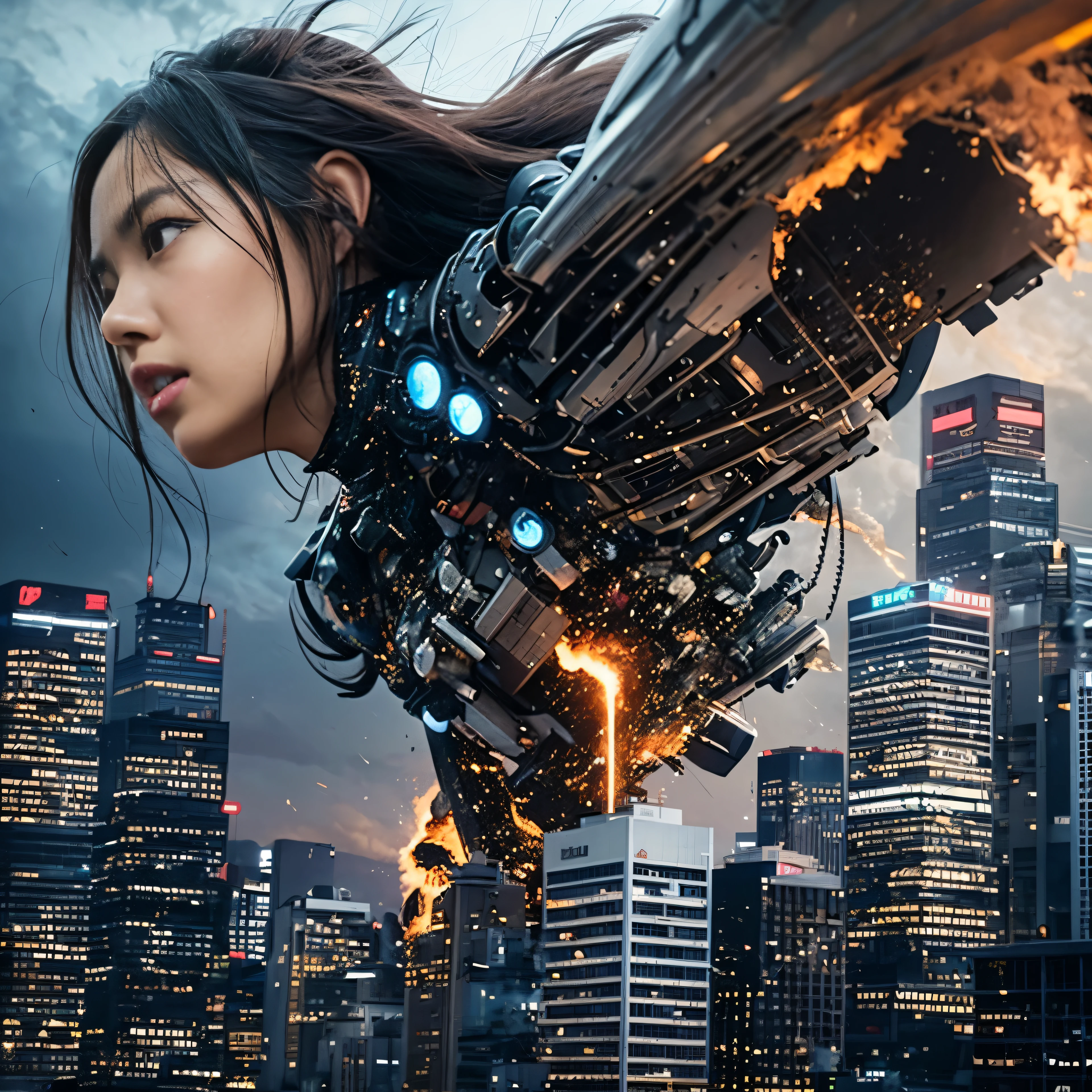 (one young beautiful japanese woman、Several robots destroying the city)、SF、A woman with telekinetic powers、The space around the woman's body appears distorted.、destroyed metropolis、Challenge the invaders、urban decline、blazing flame、Collapsing high rise buildings、rising smoke、fierce battle、Flying sparks、swirling rubble、ruined cityscape、futuristic atmosphere、(Articulated, skeletal invader robot shaped like a jellyfish:1.45)、futuristic atmosphere、vivid colors、Otherworldly energy、dynamic composition、Cinematic Lighting、post-apocalyptic setting、determined look、confident attitude、hair fluttering in the wind、shining eyes、shining runes、technologically advanced weapons、epic showdown、Epic scale、Awe-inspiring heroic struggle、Last resistance、dystopian future、Fate, humanity loses its balance、Intense emotions arise